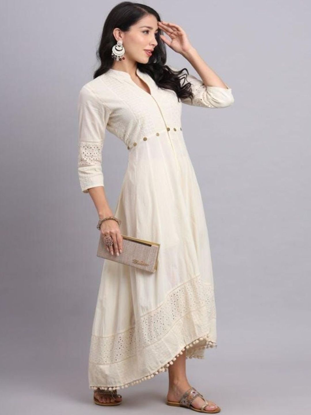 2DuLTfXK_47ab8ac5851e4f95a833631ce8f41a55.jpg Women Pure Cotton Mandarin Collar Fit and Flare Dress - Image 1