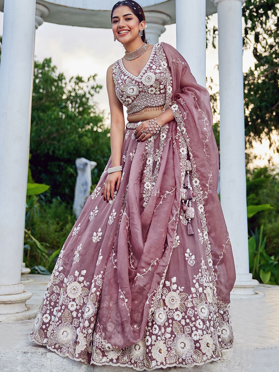 3KWWMsOT_114ba3650d044ff18516b3c88ac55b8d.jpg Rama Embroidered Organza Beads & Stones Ready To Wear Lehenga & Choli With Dupatta - Image 1